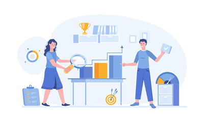 Benchmarking. Analysis of a leader competitor's company. Business development and improvement. Vector illustration with characters in flat design for web banner.