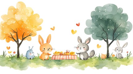 Fototapeta premium Playful Cartoon Animals Enjoying a Picnic in Nature