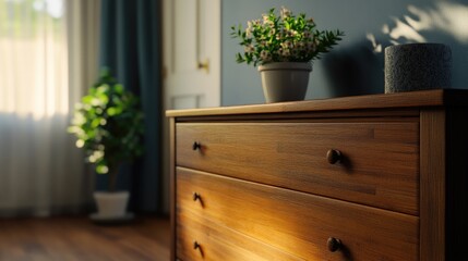 A simple wooden dresser with a small plant on its surface, ideal for home decor or office use