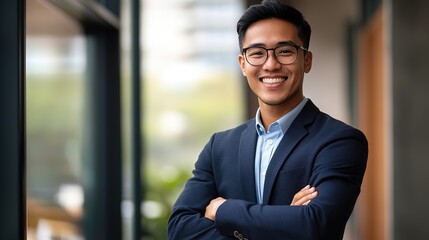 Happy young beautiful business man professional executive manager standing in office arms crossed, Generative Ai