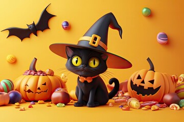 Halloween pumpkin, witch hat, cute black cat, sweet candy, flying bat. 3d vector render poster elements. Vampire magician party invite sticker. Happy scary character for fall gift. wit generative ai