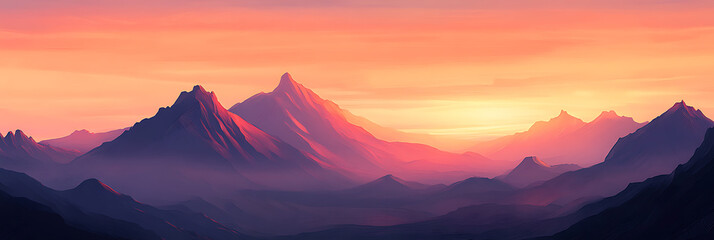 Sunset amidst the mountains, panorama wallpaper, the beautiful light of the sun setting behind the horizon surrounded by mountains.