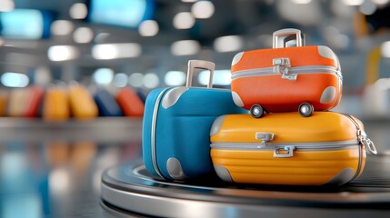 Diverse luggage carousel at a bustling airport terminal filled with a kaleidoscope of vibrant suitcases and trunks exuding the energy of adventure and endless possibilities for your next journey
