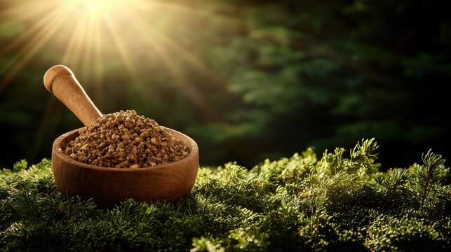 Scoop of spices in wooden bowl on green backdrop