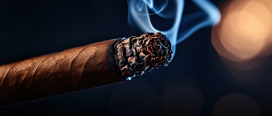 Isolated closeup of a classic cigar with smoke spiraling upwards, soft light focusing on the texture of the cigar, with a blurred, moody background