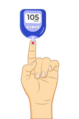 Vector illustration of glucose monitor with blood drop and hand on transparent background
