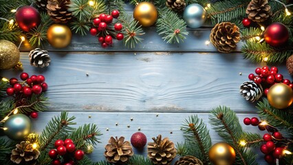 Joyful New Year composition blending Christmas ornaments with natural elements, beautifully highlighted by a vibrant bokeh effect, capturing the
