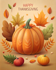 Happy Thanksgiving day card or poster with autumn leaves and pumpkins. 
