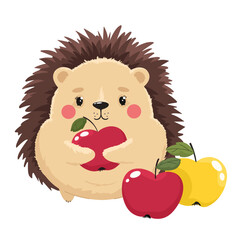 Cute hedgehog with apples in flat style. Cute forest animal baby print.