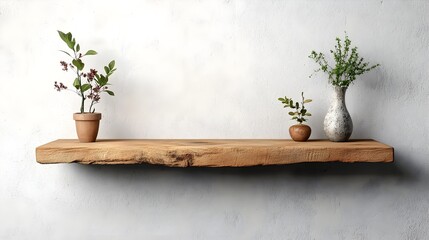 Rustic Floating Wood Shelf with Plants on Wall