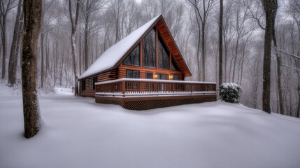 A charming log house sits among snow-covered mountains, adorned with icicles, inviting warmth against the cold winter forest backdrop