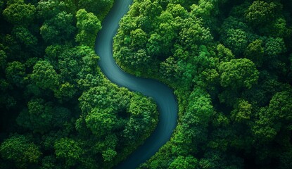 Fototapeta premium A winding road through a forest with trees on both sides