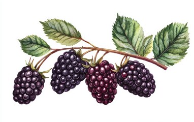 Hand-painted blackberries and leaves, vibrant watercolor style, isolated on white, ideal for summer-themed designs or kitchen decor