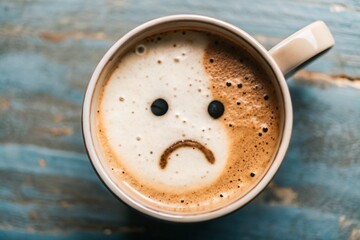 A mug of coffee with a sad smiley face on the foam on the blue table. Top view, flat lay