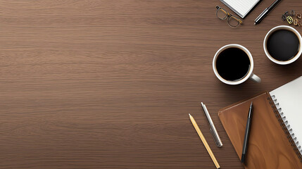 A cozy workspace with two coffee cups, a notepad, pencils, and glasses on a wooden table, creating an inviting atmosphere for productivity.