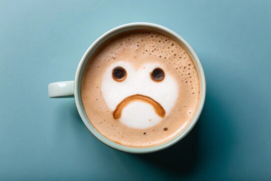 A mug of coffee with a sad smiley face on the foam on the blue table. Top view, flat lay