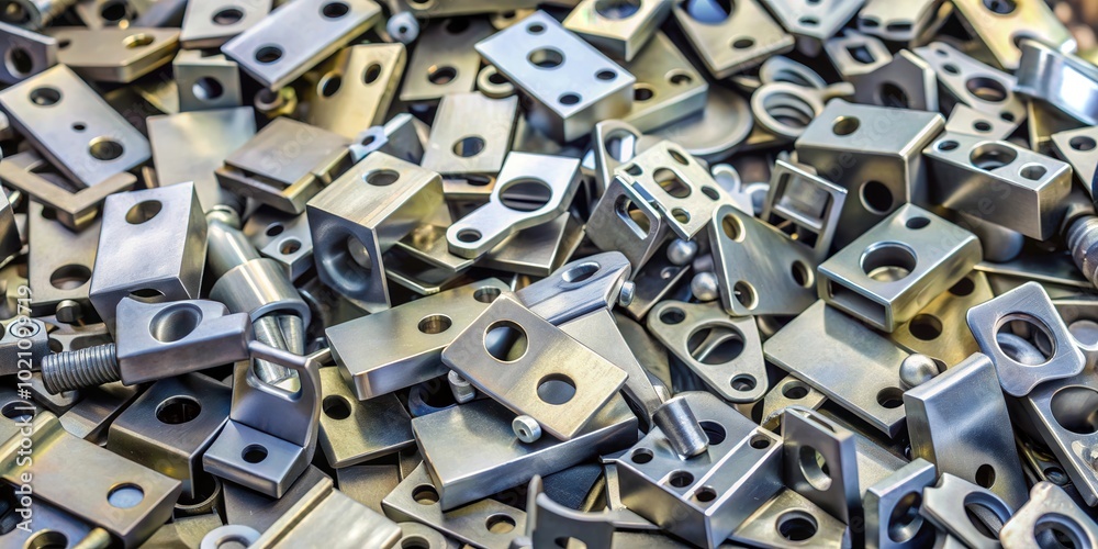 Poster a close-up view of a pile of metal parts, showcasing the intricate details and various shapes of ind