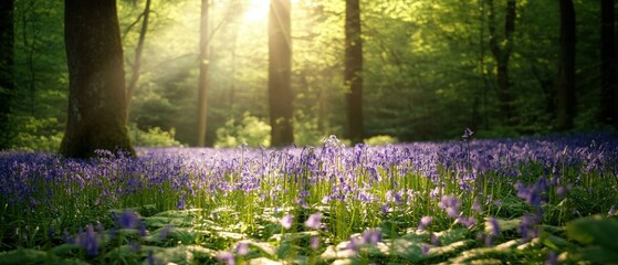Naklejka premium Sunlight filters through a lush forest canopy onto a vibrant field of bluebells in full bloom, creating a serene and enchanting scene.