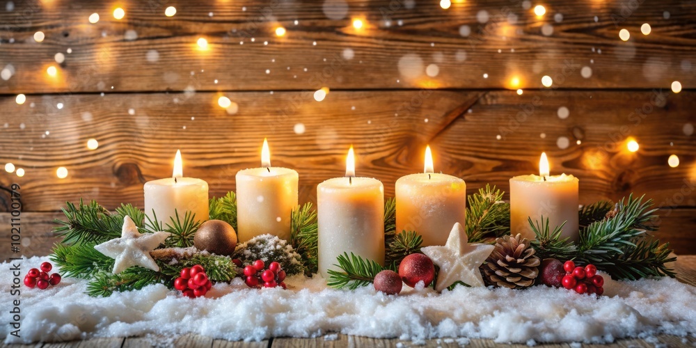 Poster five burning candles adorned with pine and berries, set against a warm wooden background with festiv