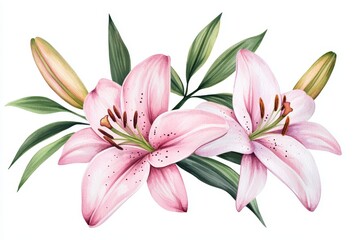 Obraz premium Detailed watercolor lilies in vibrant pinks, perfect for creating botanical illustrations, spring-themed designs, or floral home decor