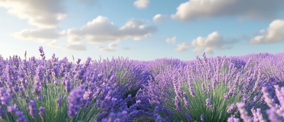 Fototapeta premium Vibrant lavender field under a bright blue sky with fluffy clouds.