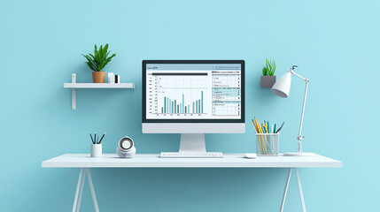 Modern home office setup featuring a computer, desk, and plants against a blue wall, promoting productivity and inspiration in a workspace.