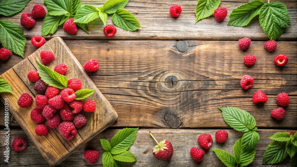 Poster freshly picked raspberries scattered across a rustic wooden table with green leaves for a summery fo