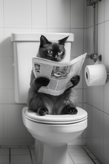 Siamese Cat Sitting on Toilet Reading Newspaper in Monochrome White-Tiled Bathroom, Captured in Humorous Pose with Focused Expression, Highlighting Playful Pet Behavior and Whimsical Scene