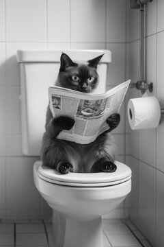 Siamese Cat Sitting on Toilet Reading Newspaper in Monochrome White-Tiled Bathroom, Captured in Humorous Pose with Focused Expression, Highlighting Playful Pet Behavior and Whimsical Scene