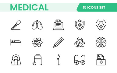 Set of Medical web icons in line style. Medicine and Health Care, RX. Medicine, check up, doctor, dentistry, pharmacy, lab, scientific discovery, collection.