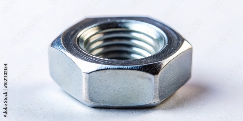 Fototapete A close-up view of a shiny, silver-toned hexagonal nut with a distinct thread pattern, providing a detailed look at the intricate design and functionality of this essential fastener.