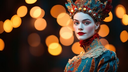 Fototapeta premium A captivating portrait of a woman in an ornate costume, adorned with intricate details and vibrant colors against a magical background.