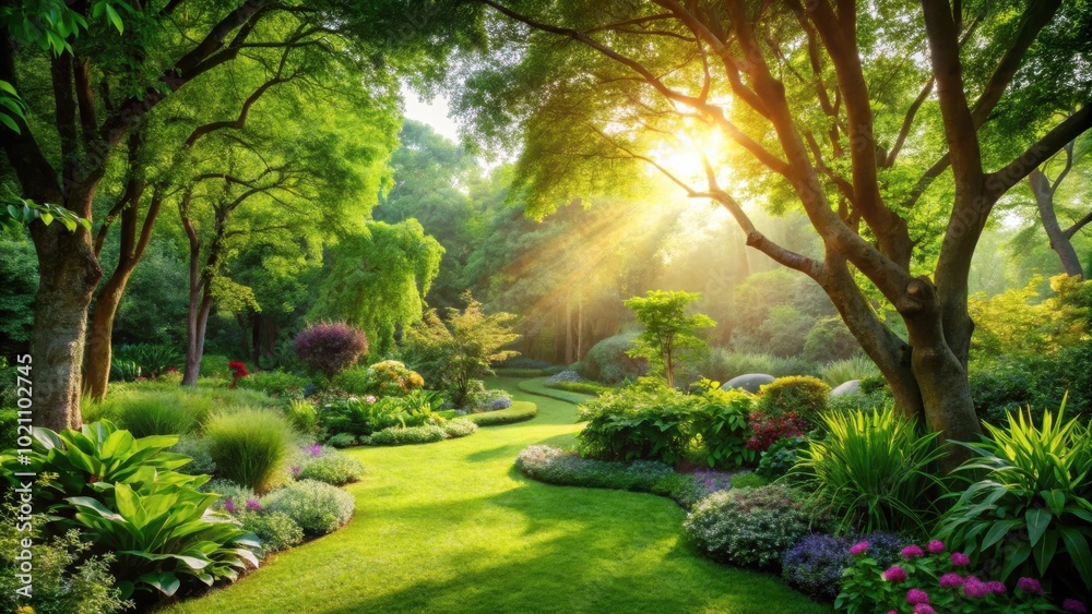 Aufkleber sunbeams filtering through lush foliage in a tranquil garden setting