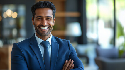 Fototapeta premium Indian Man Journalist - smiling, businessman, professional, suit, confidence, portrait, office, success, happy, corporate, young man, career, motivation