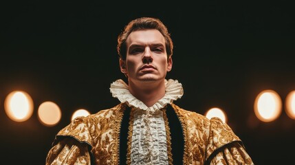 A confident actor in a historical costume gazes intensely under stage lights, showcasing drama and theatricality.
