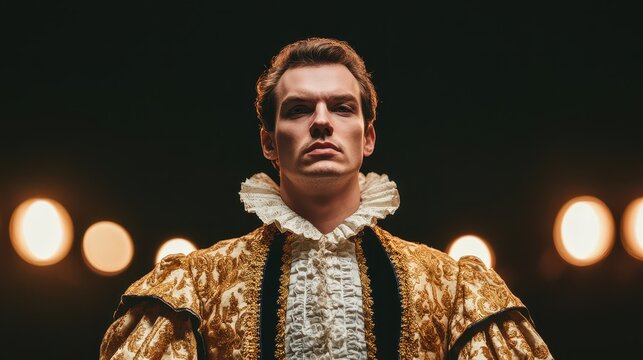 A confident actor in a historical costume gazes intensely under stage lights, showcasing drama and theatricality.