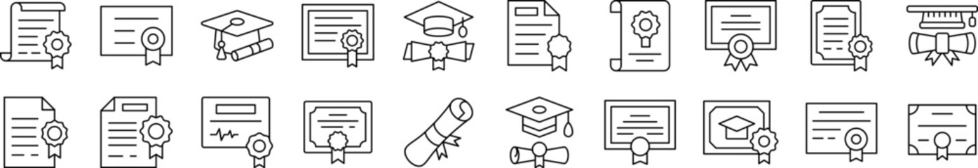 Collection of Outline Symbols of Diploma and Certificate Drawn with Thin Line for apps, web sites, banners, infographics and other types of design