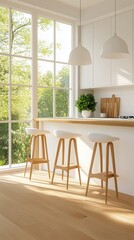 Modern kitchen interior with wooden bar stools and natural light through large windows.