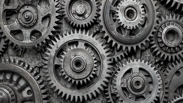 Close-up view of numerous metal gears and cogs tightly meshed together, showcasing mechanical precision and industrial design. The monochrome tone emphasizes the texture and intricate details of each