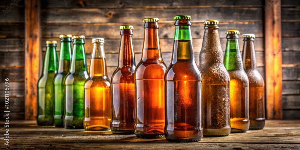Aufkleber a row of bottles of beer on a rustic wooden table