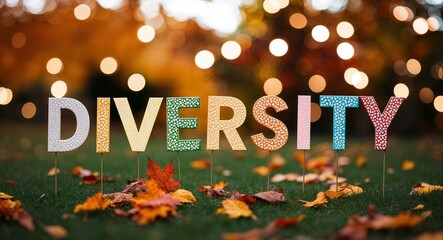 diversity lettering on autumn nature concept blurred lights bokeh background