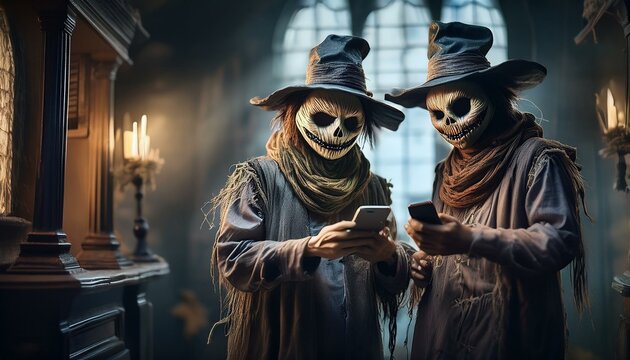 Ghostly scarecrows using smartphone in haunted mansion, portrait