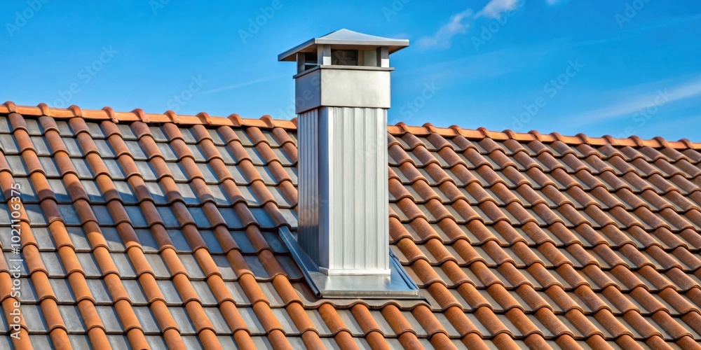 Poster a modern chimney with a sleek, rectangular design stands tall against a backdrop of terracotta tiles