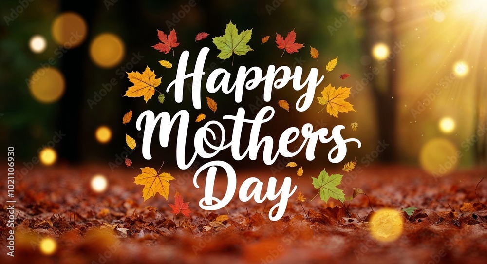 Wall mural happy mothers day lettering on autumn nature concept blurred lights bokeh background