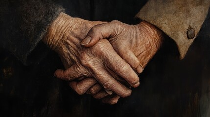 Close-up of two elderly hands clasped together.