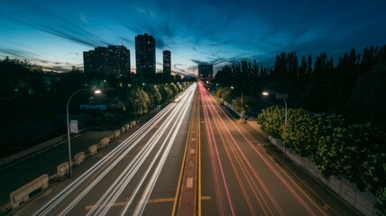 Fototapeta premium Colorful car light trails, long exposure photo at night, fantastic night scene, top view, a long exposure photo at the night