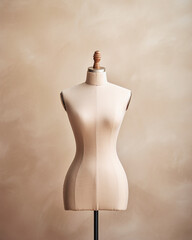 Empty dressmaker's mannequin. Retro beige color image for tailor shop and sewing workshop. Vertical photo