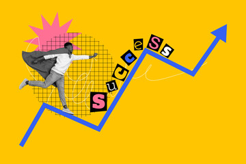 Creative drawing collage picture of funny young man superhero success graph achieve goal freak...
