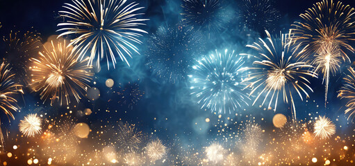 Golden fireworks with bokeh in midnight sky