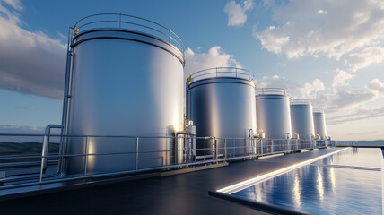 Obraz premium A row of large tanks are lined up next to a body of water